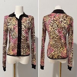 Exetera Abstract Print Mesh Shirt Cardigan Sz 1/US S Retro Y2K Twee Office-Siren